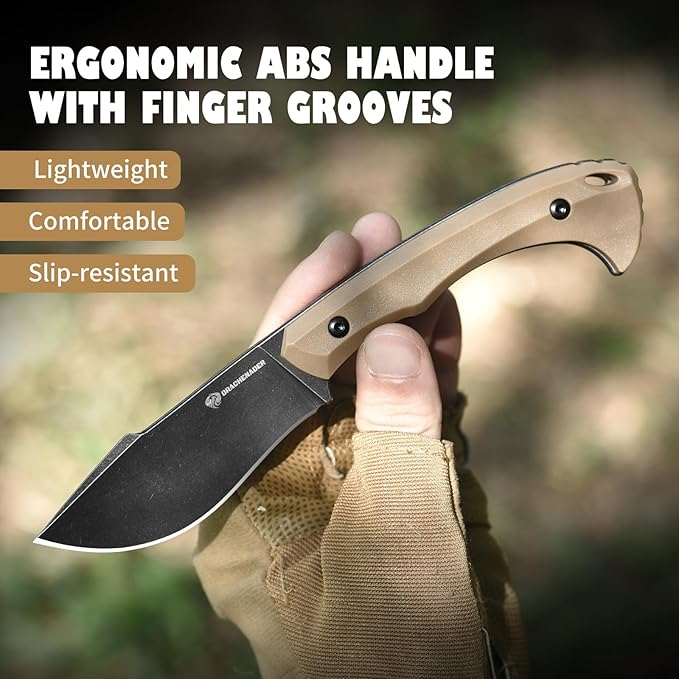 DRACHENADER Survival Knife with Fire Starter L-Y 7.68 Full Tang Small Fixed Blade Knife with Belt Clip Khaki + Stonewashed Black