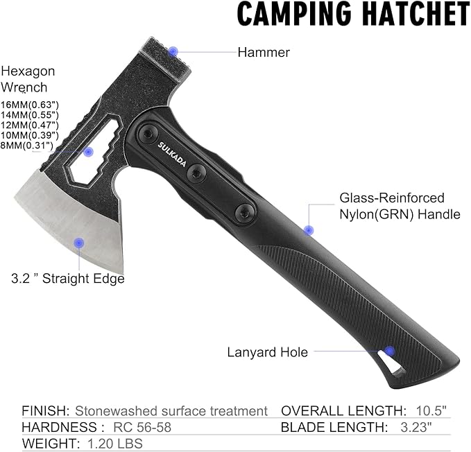 SULKADA Camping Hatchet 10.5 Inch Survival AxeStainless-Steel BladeFiberglass Shock Reduction Handle with Anti-Slip Grip for Chopping WoodGardening and Outdoor SurvivalGift for Dad Men