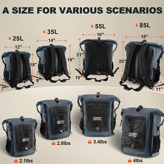 OSAH DRYPAK Waterproof Backpack Dry Bag 25L/35L/55L/85L – Heavy Duty Roll-Top Hiking Backpack Sack Keeps Gear Dry for Travel Kayaking Boating Camping Rafting and Fishing