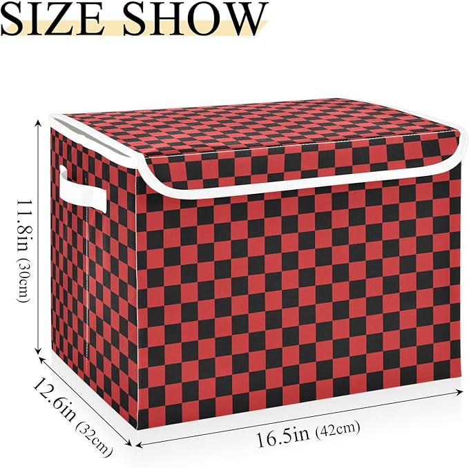 Red Black Checkerboard Storage Baskets Lidded Bin Foldable Storage Boxes Cubes Lids with 2 Handles for Organizing Closet Home Office