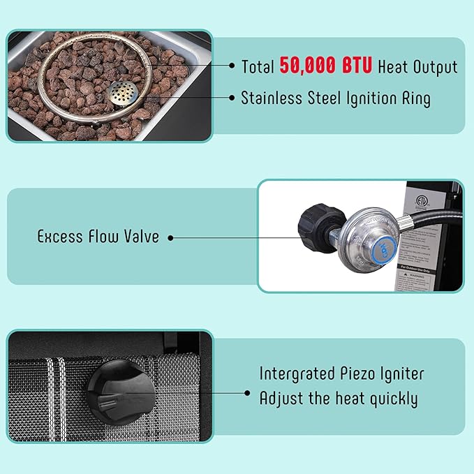 Werph 28 in Propane Fire Pit Table ETL-Certified Fire Table with Lava Rocks for Patio Deck Garden Courtyard 50000 BTU Square Fire Pit Table with Lid Black