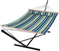 SUNCREAT Hammock with Stand 2 Person Heavy Duty Freestanding Hammock with Spreader Bar Soft Pillow Green Stripes