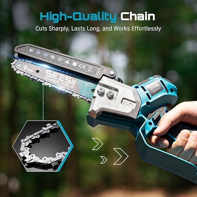SEESII Brushless Mini Chainsaw 6 Inch Handheld Saw with 2 * 2000 mAh Batteries Cordless Chainsaw with Automatic Oiler Compatible with Makita 18V Battery Electric Saw for Tree Limb Branch Cutter