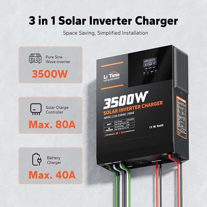 LiTime 3500W Solar Hybrid Inverter 48V DC to 120V AC All-in-One Solar Inverter Charger Built in 80A MPPT Charge Controller for 48V Lead Acid/LiFePO4 Battery Home Energy Storage Off-Grid