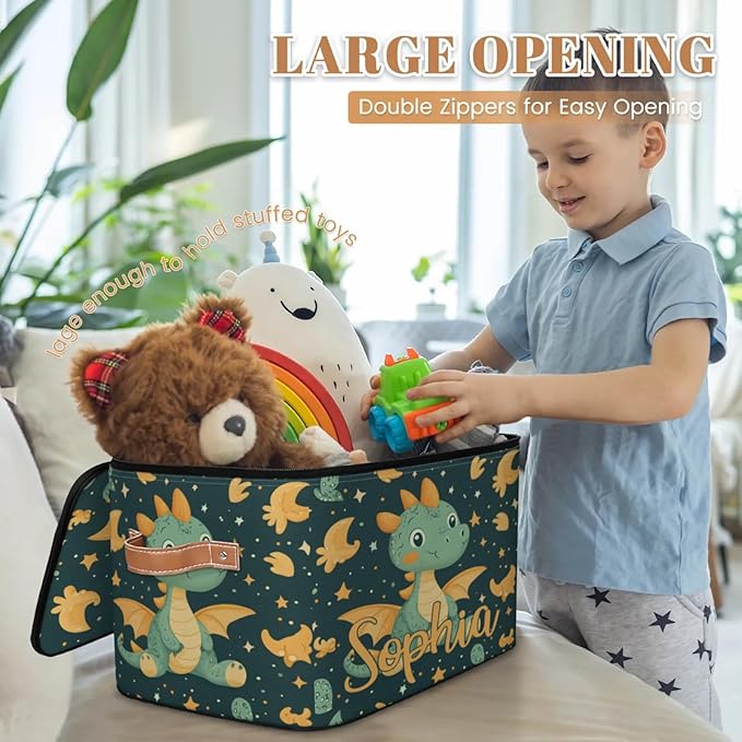 Custom Storage Basket with Name Personalized Storage Bins with Zipper Lid Foldable Fabric Storage Box Large capacity with Handle Dinosaur Star