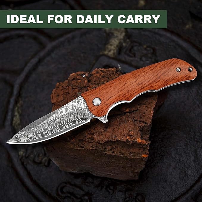 AUBEY Damascus Pocket Knife with VG10 Core Wooden Handle EDC Folding Knives for Men Outdoor Camping Collection Gift