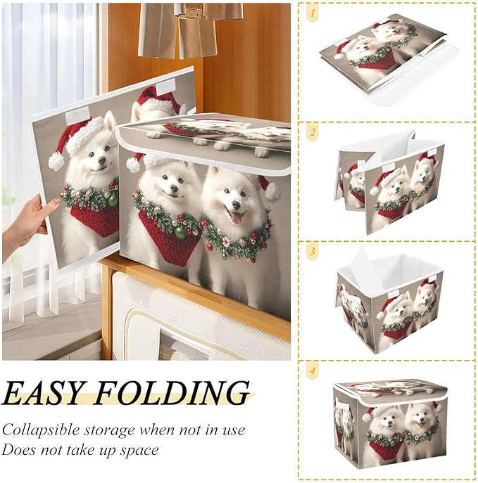 Storage Cube with Lid Dogs Christmas Print 16.5×12.6×11.8 IN Collapsible Large Capacity Foldable Storage Basket Bin Organizer