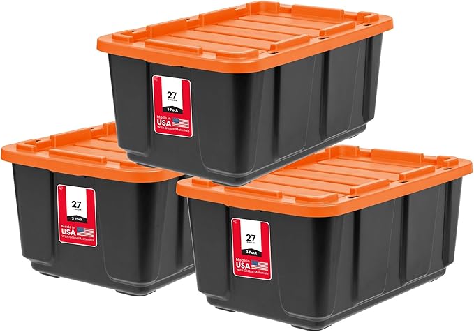 IRIS USA 3-Pack 27 Gallon Storage Bins with Lids |Made in USA| Heavy Duty Plastic Tote Containers for Truckbed Tool Box Organization Large - Orange