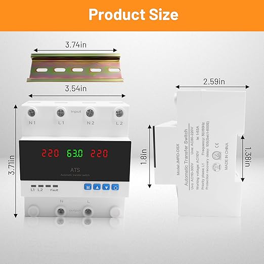 Automatic Transfer Switch 63A 110V/220V Dual Power Selector for Generator &amp Backup Inverter L1 Priority DIN Rail MountATS Adjustable Emergency Power Switch with Guide Rail(110V and 220V Availa