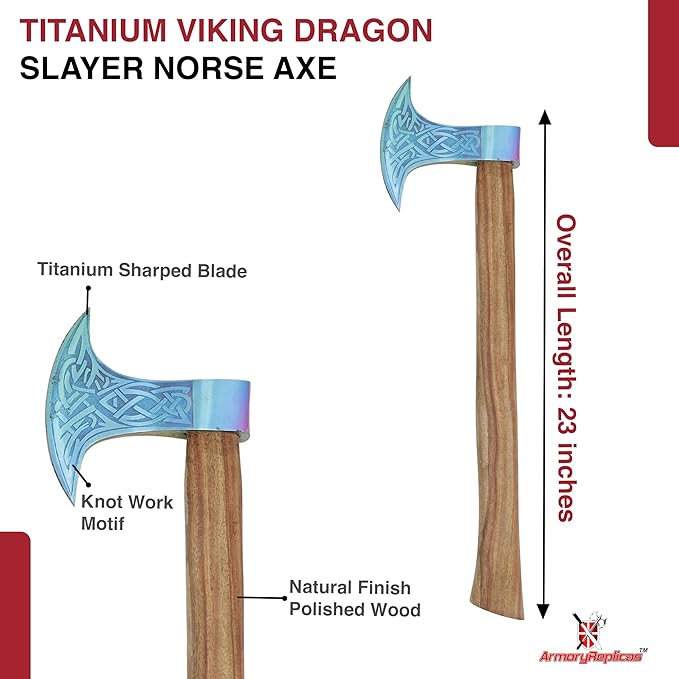 Armory Replicas™ Titanium Colored Decorative Axe – 23 Sheesham Wood Handle with Knot Work Motif and Crescent Blade