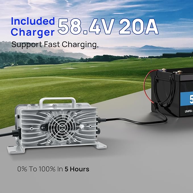 48V 100Ah Lithium LiFePO4 Battery With 20A Charger Build-in 100A BMS Peak Current 500A Deep Cycles Battery for RV Camper Solar System Marine Trolling Motor