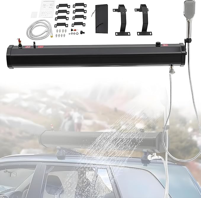 18L/20L/30L Roof Rack Mount Road Shower Pressurized Water Tank for Camping Shower w/ 5.58ft Water Pipe &amp Shower Head Portable Camping Shower for Vehicle Truck SUV Sedan RV(18L/4.76Gal)