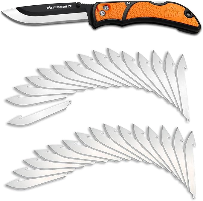 OUTDOOR EDGE 3.5 RazorLite EDC Knife. Pocket Knife with Replaceable Blades and Clip. Perfect For Hunting &amp Skinning Deer. Blaze Orange with 30 Blades.