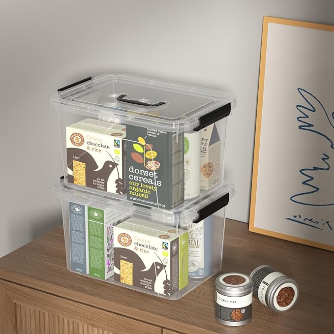 4 Packs Plastic Storage Box with Handle 10 L Clear Lidded Organizer Bin