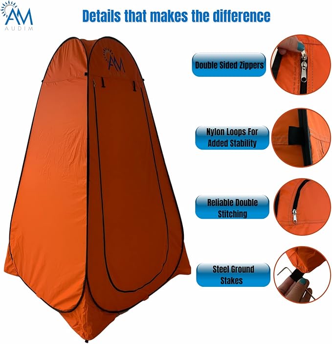 AUDA AUDIM Pop Up Privacy Tent - Camping Shower Tent - Outdoor Sun Shelter - Toilet Tent - Portable Dressing Room - Waterproof Easy Set Up Foldable Lightweight and Sturdy Carry Bag AM001 Orange