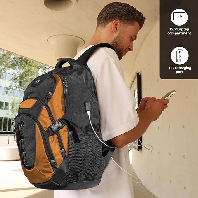 Swissdigital Design Laptop Backpack with USB Charging Port Travel Backpack Fits 15.6 inches Computer 31L College School Backpack for Men Orange/Black | SD803-66