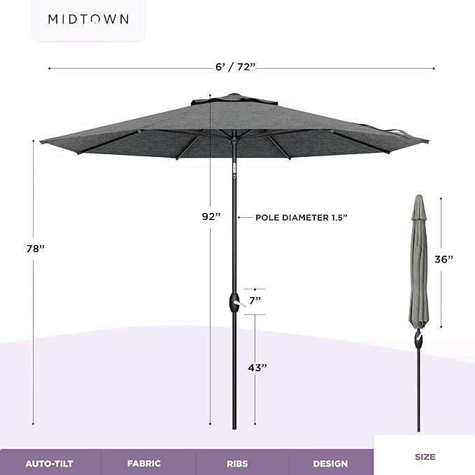 Midtown Umbrellas - 10-Year-No-Fade 6 Ft Patio Umbrella with Terylast Fabric Auto-Tilt Aluminum Frame and 8 Reinforced Ribs for Deck Pool Garden &amp Beach - Greige Canopy Black Pole