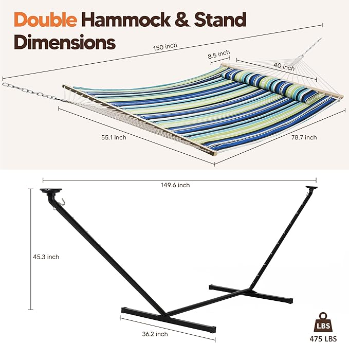 SUNCREAT Hammocks Stand Alone Hammock with Solar Powered Lights Portable Standing Hammock Green