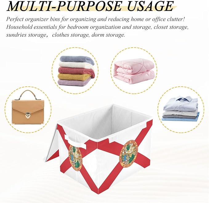 Florida State Polyester Flag Fl Red Storage Container with Lid Collapsible Box Organizer Boxes for Storage for Dorm Room