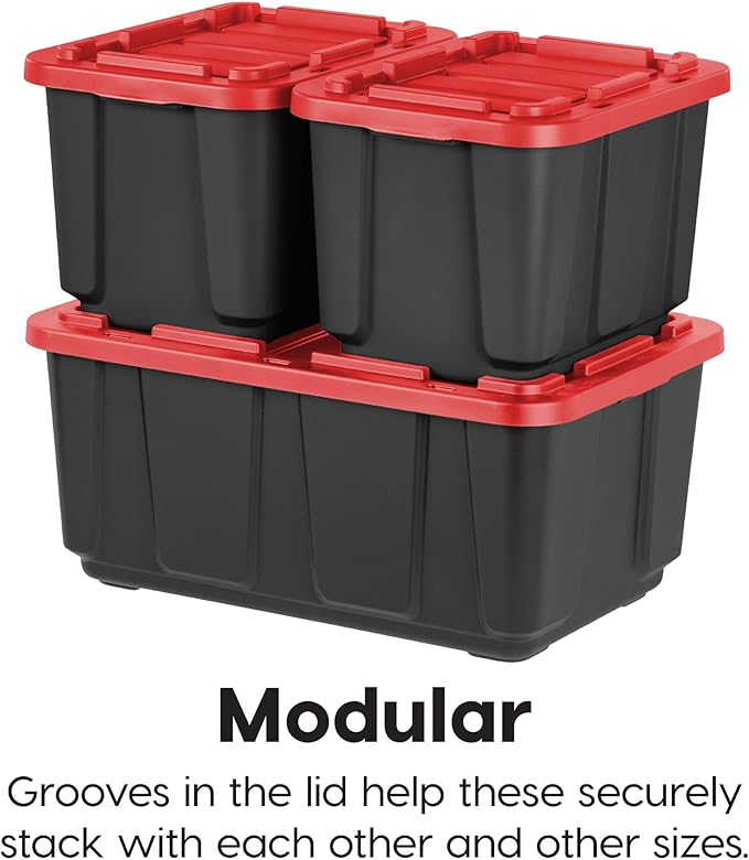 IRIS USA 4-Pack 27 Gallon Storage Bins with Lids |Made in USA| Heavy Duty Plastic Tote Containers for Truckbed Tool Box Organization Large - Red
