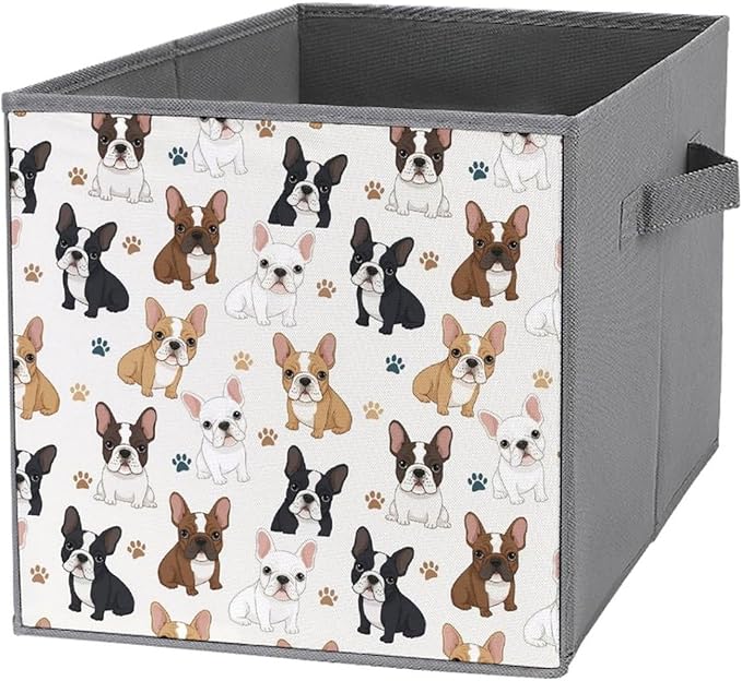 Collapsible Cube Storage Organizer with Handles Cute French Bulldog Foldable Fabric Bin for Shelves Perfect for Closet Bathroom Kids' Room &amp Nursery