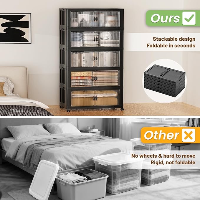 SAILUN 635Qt Extra Large Stackable Storage Bins Folding Collapsible Storage Bins with Lid Closet Organizers and Storage Box with Door Black 28 W x 17 D x 75 H