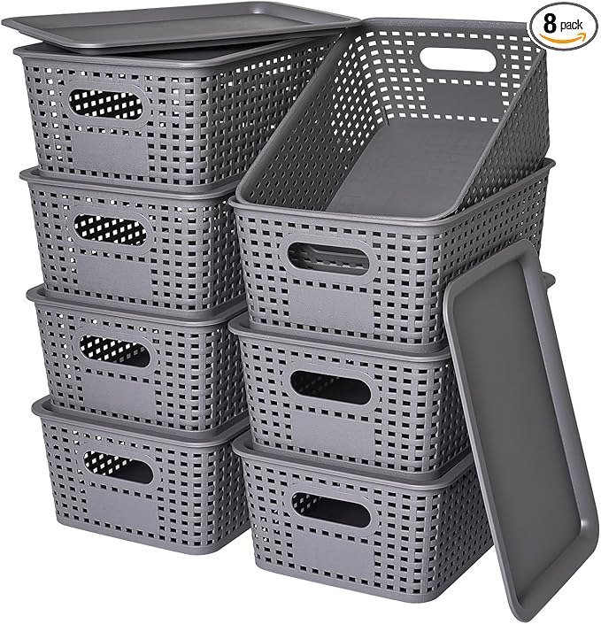 Plastic Storage Baskets with Lid-Plastic Storage Containers Stackable Storage bins: Storage Baskets for Organizing Shelves Drawers Desktop Closet Playroom Classroom Office8 Pack-Gray10.2x7.2x4.1Inch