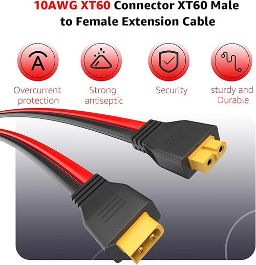 10AWG XT60 Extension Cable XT60 Male to Female Connector Compatible with RC Battery/Solar Portable Power Power Station/Portable Solar Panel(Cable Length 10ft)