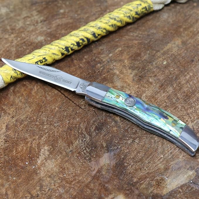 WHISKEY BENT HAT CO. Mini Hunter Folding Pocket Knife 2.75 Closed Length 440C Stainless Steel Blade (Green Abalone)