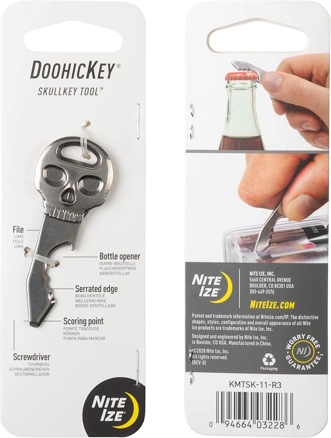 Nite Ize DoohicKey SkullKey Key Tool - Durable Keychain - Multipurpose with Bottle Opener File Serrated Edge Scoring Point &amp Screwdriver - Travel &amp Airport-Friendly Multi Tool - 2 Pack