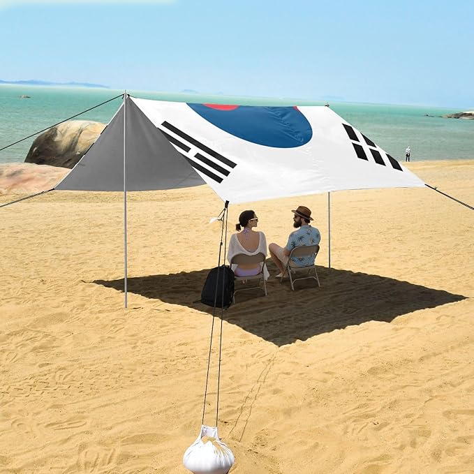 South Korea Flag Beach Cabana Tent UPF50 Easy Setup Large Sun Shelter with Sturdy Poles Sandbags and Shovel for Backyard and Camping