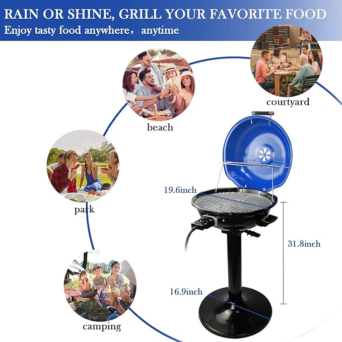 Electric BBQ Grill Techwood 15-Serving Indoor/Outdoor Electric Grill for Indoor &amp Outdoor Use Double Layer Design Portable Removable Stand Grill 1600W