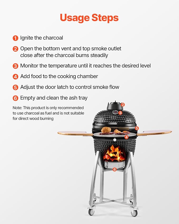 VEVOR Charcoal Smoker and Grill 18 Kamado Charcoal BBQ Smoker Movable Ceramic Barbecue Grill with 4 Wheels (2 Lockable) Built-in Thermometer Air Vents &amp Side Shelf for Outdoor Patio Yard Cook
