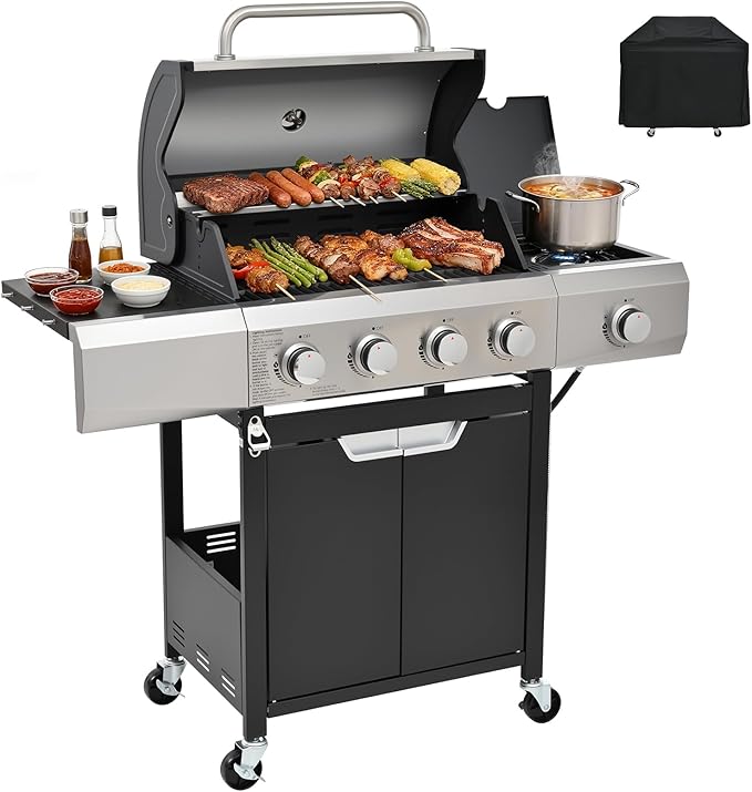 EUHOME 4-Burner Gas Grill with Side Burner &amp Cover 51000 BTU Stainless Steel Outdoor BBQ Grill 452 sq.in Cooking Area Ideal for Backyard Patio Large Gatherings