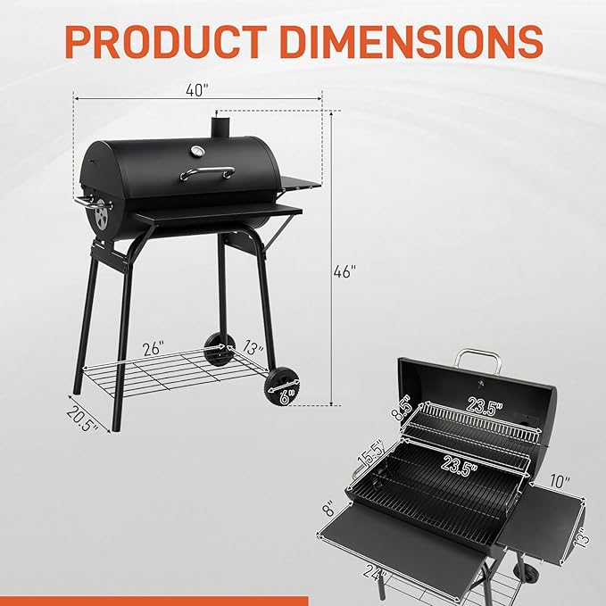 Outvita Barrel Charcoal Grill with Warming Rack Outdoor BBQ Grill with Side Front Table with Nearly 564 Sq.In. Cooking Grid Area for Backyard Patio Picnic Parties Camping Black