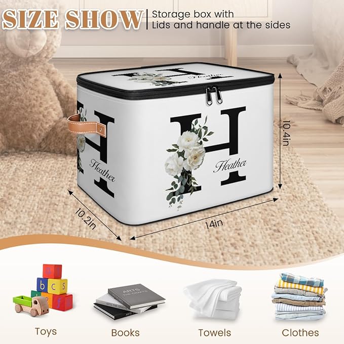 Custom Initials Floral Storage Bins with Lid Foldable Personalized Storage Basket Boxes with Handle Shelf Basket Closet Organizer Cube