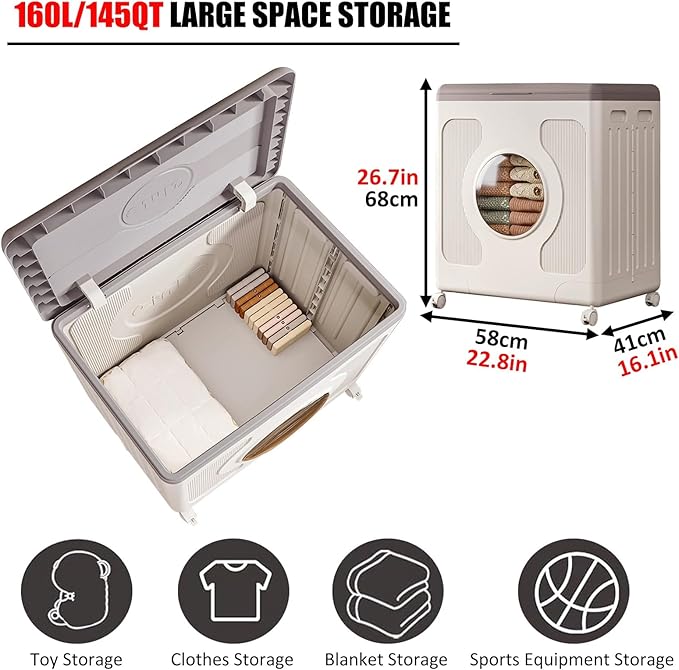 Foldable Clothes Storage Box For Home Office 160L Large Capacity Organizer And Storage Container For Closet Sturdy Plastic Storage Bin With Lid And Wheels