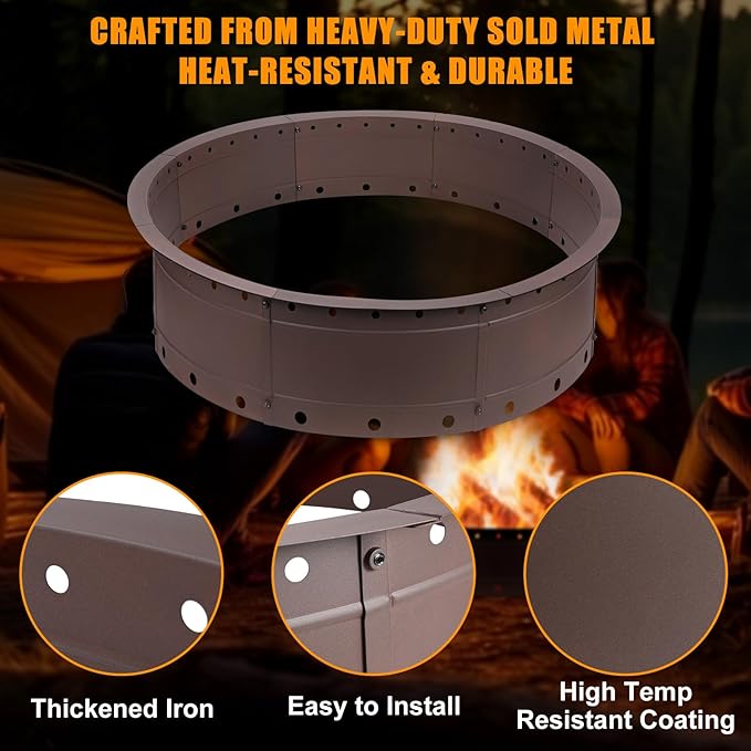 36 Inch Fire Pit Ring Large Outdoor Campfire Pit for Patio Backyard Garden Smokeless Steel Firepit with Air Vent for Efficient Burning &amp Anti-Rust Coating Brown Steel