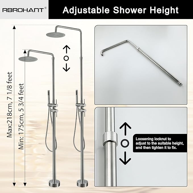 RBROHANT Freestanding Outdoor Shower Nickel Height Adjustable Outside Showers for Backyard Garden Pool Beach Outdoor Shower Fixtures with 10” Rain Shower Head and Handheld Brushed Nickel JK0317