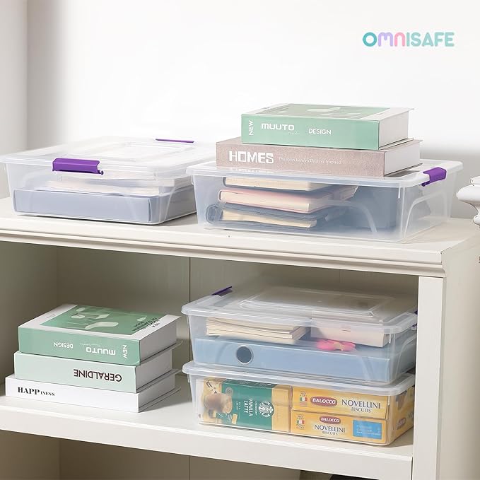 Plastic Storage Bin with Lid Stackable Design Clip Box for Crafts Supplies and Office Items Container (4 Pack 10 Quart Purple)