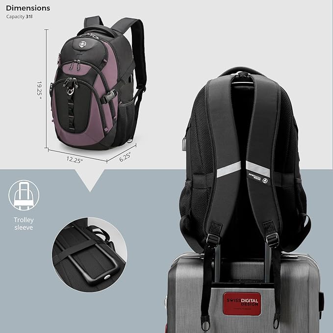 Swissdigital Design Laptop Backpack with USB Charging Port Travel Backpack Fits 15.6 inches Computer 31L College School Backpack for Women Light Purple/Black | SD803-85