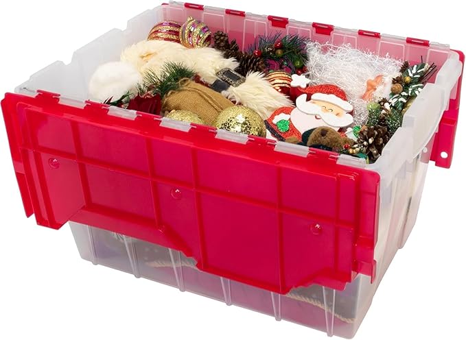 Akro-Mils KeepBox 12 Gallon Storage Container Nesting and Stackable Plastic Storage Box with Lid Attached Clear Tote for Garages Closets and Moving 21-1/2 x 15 x 12-1/2 Clear/Red