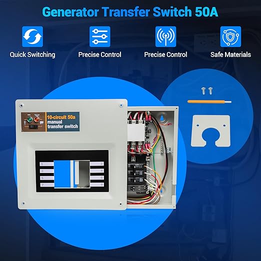 50 Amp Transfer Switch RV Replacement for Generac 9854 Pre-Wired 10-Circuit 50A Manual Transfer Switch Compatible with Portable Generators