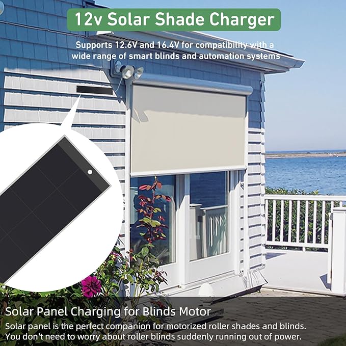 Rollerhouses Solar Panel Charger 12.6V/16.4V 5.9W for Motorized Blinds &amp Shades – 2-Pin Power Connection – Easy Mounting with Adhesive Tape