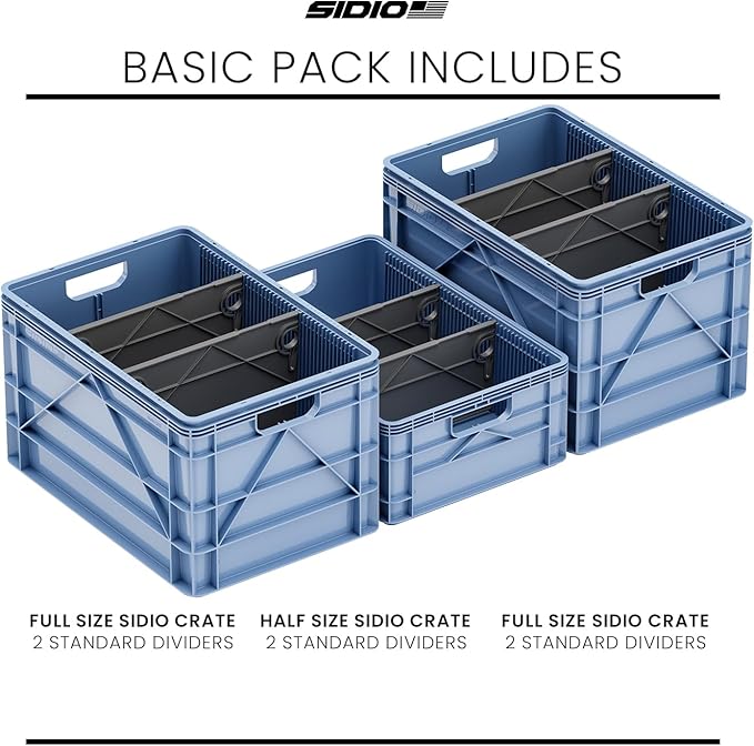 SIDIO Crate Basic Pack - 2 Full-Size &amp 1 Half-Size Heavy Duty Stackable Storage Bins Totes Containers with Dividers - Durable Plastic Organizer for Home Office Garage and Outdoor Use Aircraf