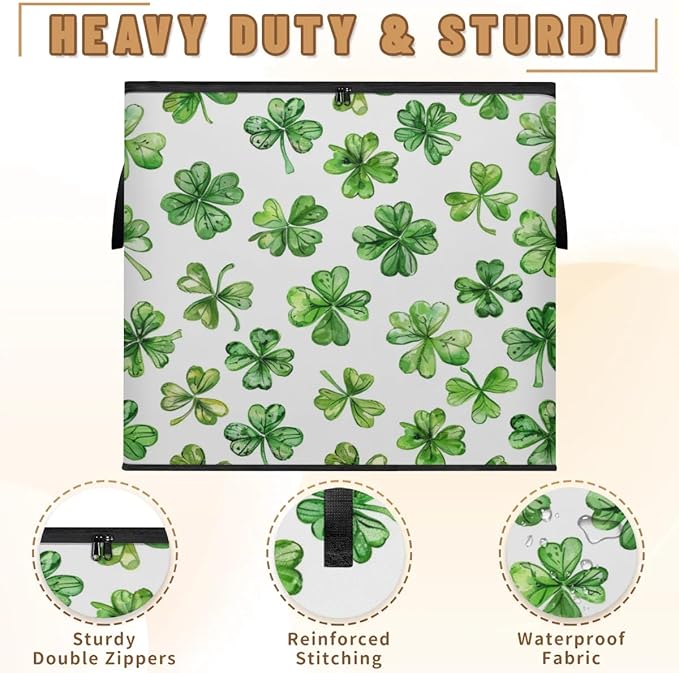 XL Large Clothes Storage with Lid Handle St.patrick's Day Large Thick Clothes Blanket Storage Containers for Organizing Bedroom Closet Comforter Green Shamrock Lucky Clover Leaf