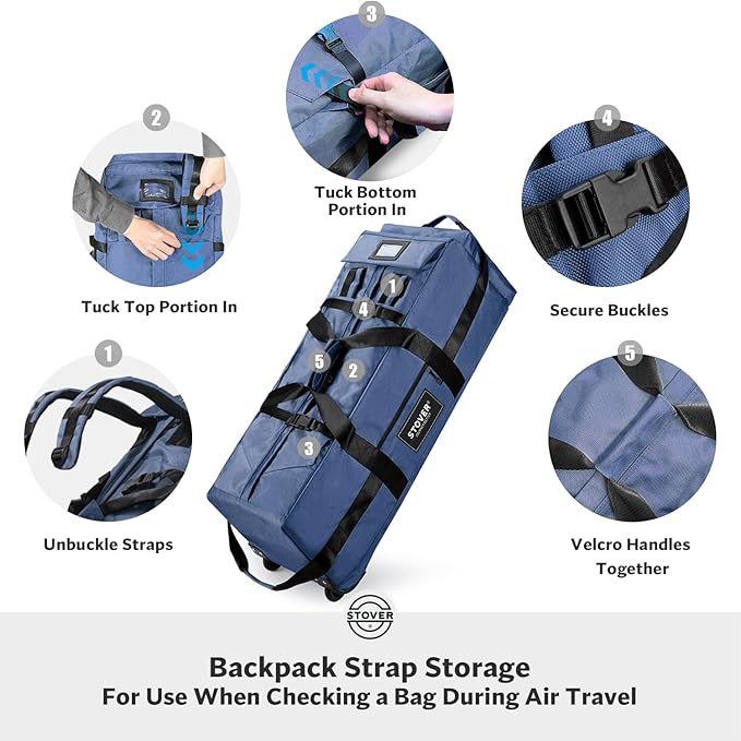 STOVER 45/80/100L Rolling Duffel Bag with Wheels Large Durable Travel Duffle + Toiletry Bag Heavy Duty Packable Foldable with Shoulder Straps- Use as Luggage or Backpack Men/Women (Blue)