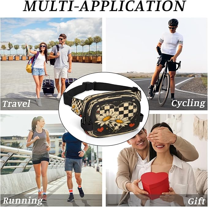 Love Grid Chrysanthemum Waterproof Fanny Pack for Women Men Adjustable Waist Bag with Double Zipper Pockets Lightweight Square Hip Pack for Running Travel Hiking Workout Cycling