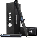 TEKTO F2 Bravo Folding Pocket Knife - D2 Steel Blade Ceramic Ball Bearings - EDC - Snap Swift Flip for Camping Backpacking - 2.4oz (68g) G10 Black Handle Blue Titanium Accents