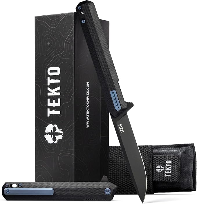 TEKTO F2 Bravo Folding Pocket Knife - D2 Steel Blade Ceramic Ball Bearings - EDC - Snap Swift Flip for Camping Backpacking - 2.4oz (68g) G10 Black Handle Blue Titanium Accents